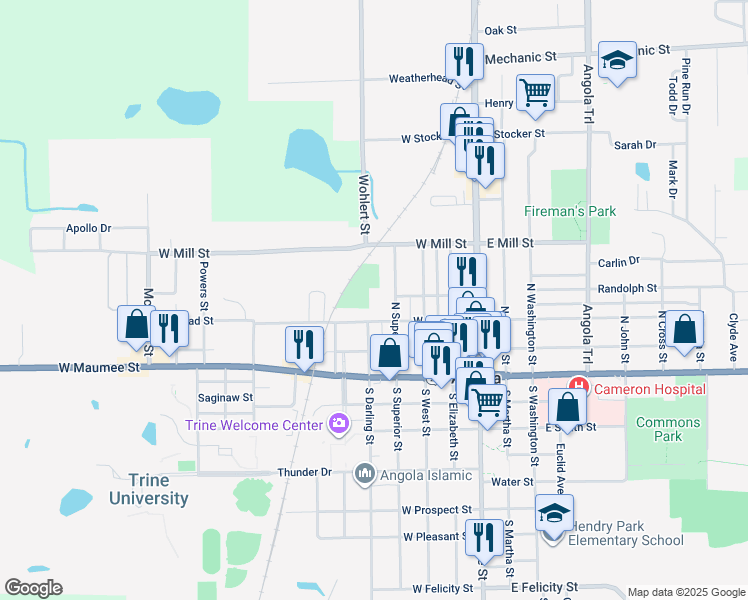 map of restaurants, bars, coffee shops, grocery stores, and more near 311 North Superior Street in Angola