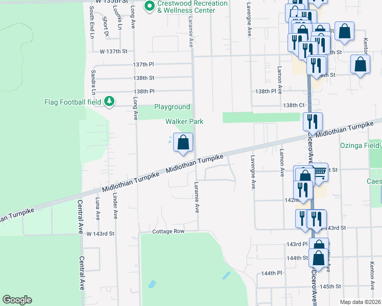 map of restaurants, bars, coffee shops, grocery stores, and more near 5202 West Midlothian Turnpike in Crestwood