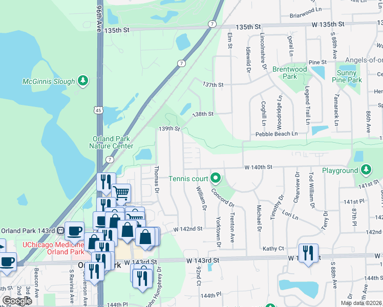 map of restaurants, bars, coffee shops, grocery stores, and more near 9229 Auburn Court in Orland Park