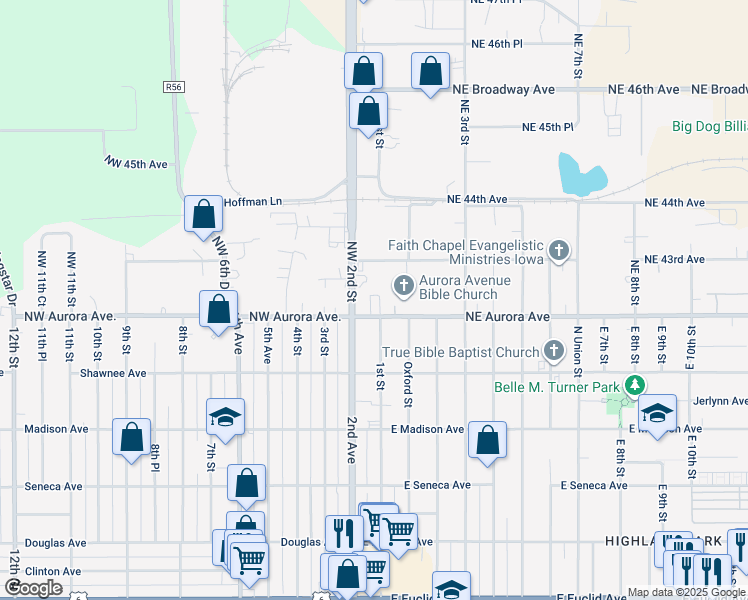 map of restaurants, bars, coffee shops, grocery stores, and more near 4205 Northwest 2nd Street in Des Moines