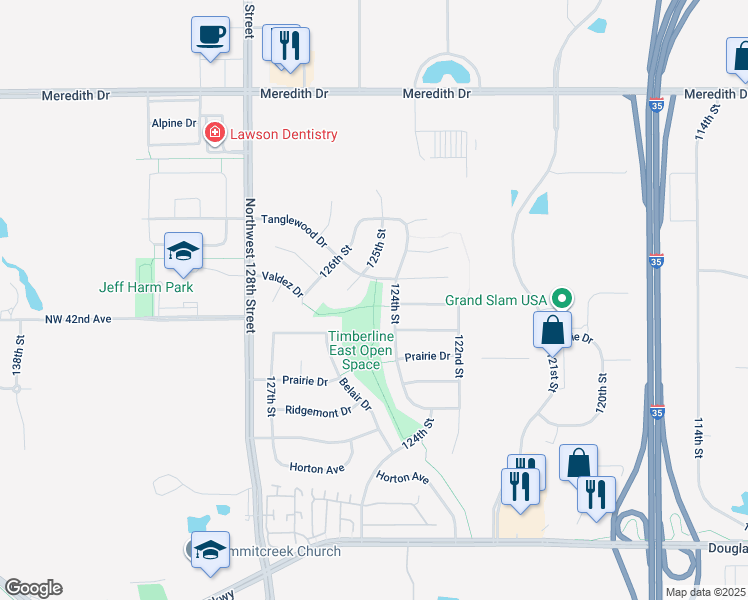 map of restaurants, bars, coffee shops, grocery stores, and more near Tanglewood Drive in Urbandale
