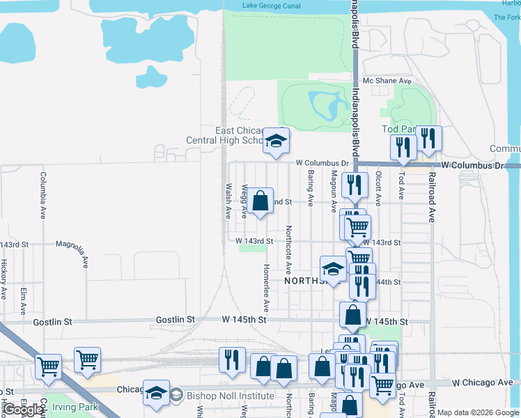 map of restaurants, bars, coffee shops, grocery stores, and more near 4213 Homerlee Ave in East Chicago
