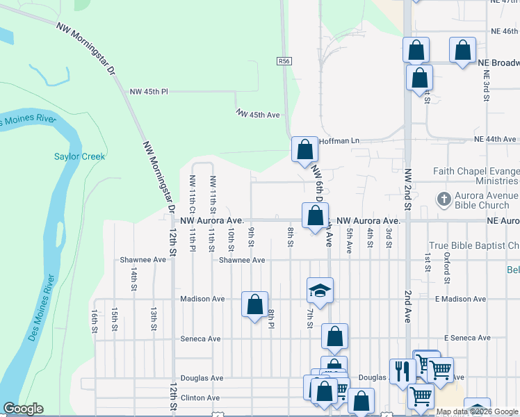 map of restaurants, bars, coffee shops, grocery stores, and more near 805 Northwest Aurora Avenue in Des Moines
