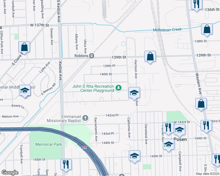 map of restaurants, bars, coffee shops, grocery stores, and more near 2900 141st Street in Blue Island
