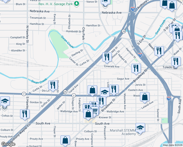 map of restaurants, bars, coffee shops, grocery stores, and more near 128 Marion Street in Toledo