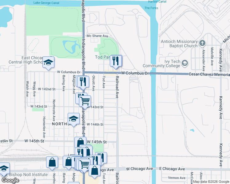 map of restaurants, bars, coffee shops, grocery stores, and more near 516 Narva Place in East Chicago