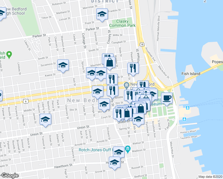 map of restaurants, bars, coffee shops, grocery stores, and more near 513 County Street in New Bedford