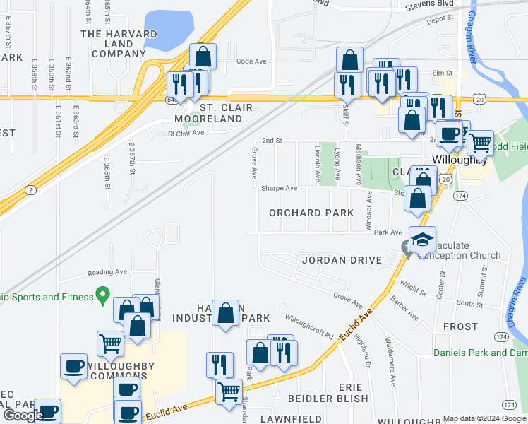 map of restaurants, bars, coffee shops, grocery stores, and more near 4285 Grove Avenue in Willoughby