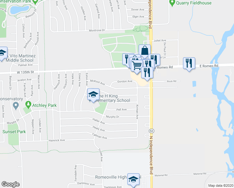 map of restaurants, bars, coffee shops, grocery stores, and more near 222 Karen Avenue in Romeoville