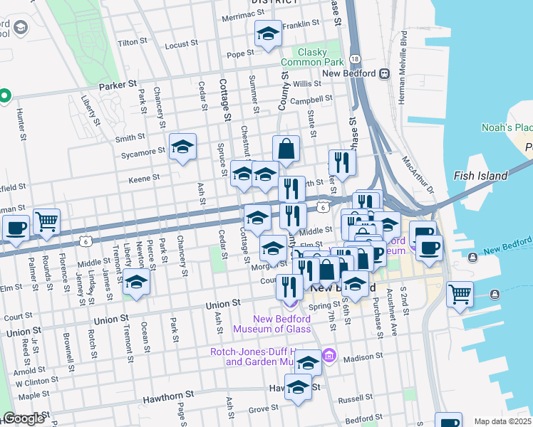 map of restaurants, bars, coffee shops, grocery stores, and more near in New Bedford