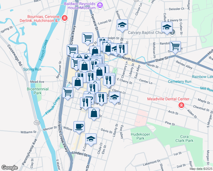 map of restaurants, bars, coffee shops, grocery stores, and more near 962 South Main Street in Meadville
