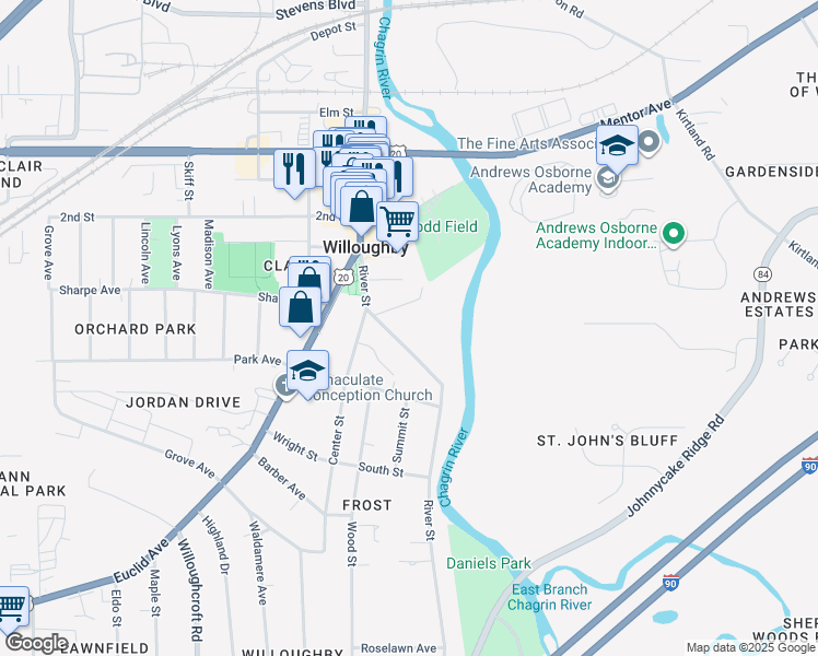 map of restaurants, bars, coffee shops, grocery stores, and more near 4314 River Street in Willoughby