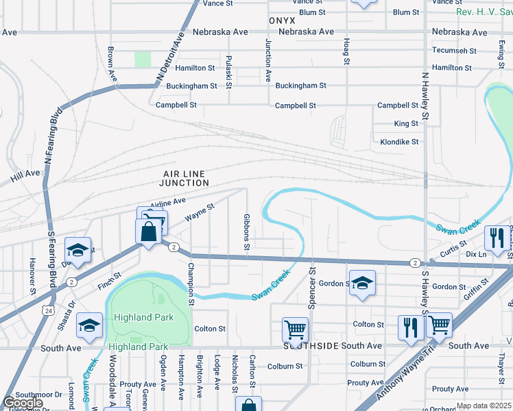 map of restaurants, bars, coffee shops, grocery stores, and more near 138 Gibbons Street in Toledo