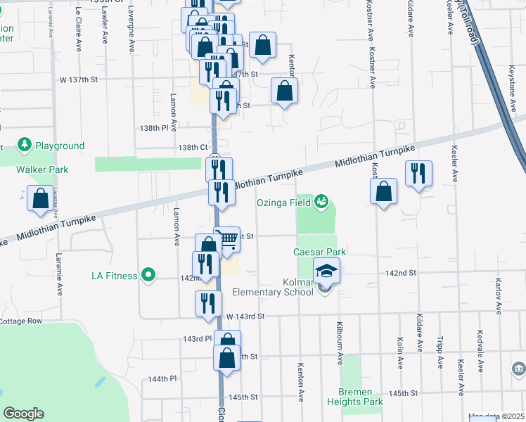 map of restaurants, bars, coffee shops, grocery stores, and more near 14049 Kilpatrick Avenue in Crestwood