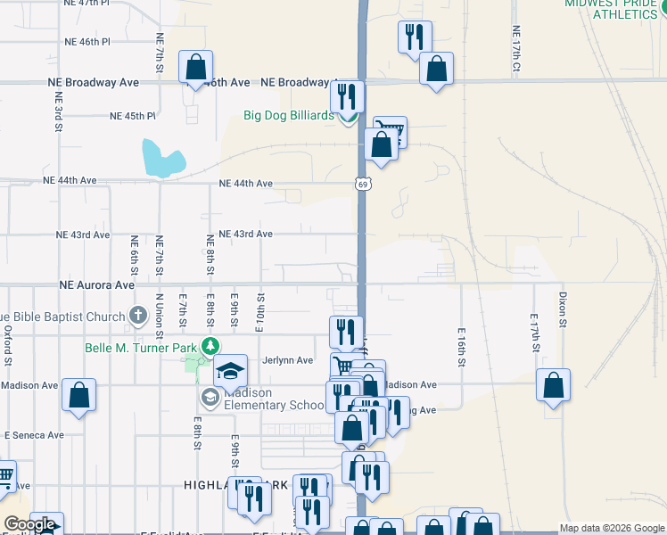 map of restaurants, bars, coffee shops, grocery stores, and more near 41 Roys Lane in Des Moines