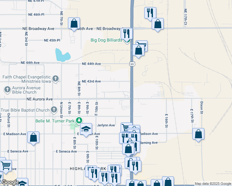 map of restaurants, bars, coffee shops, grocery stores, and more near 1220 East Aurora Avenue in Des Moines