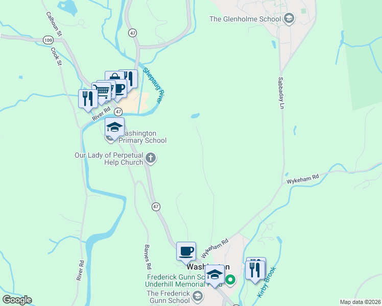 map of restaurants, bars, coffee shops, grocery stores, and more near 45 Old North Road in Washington