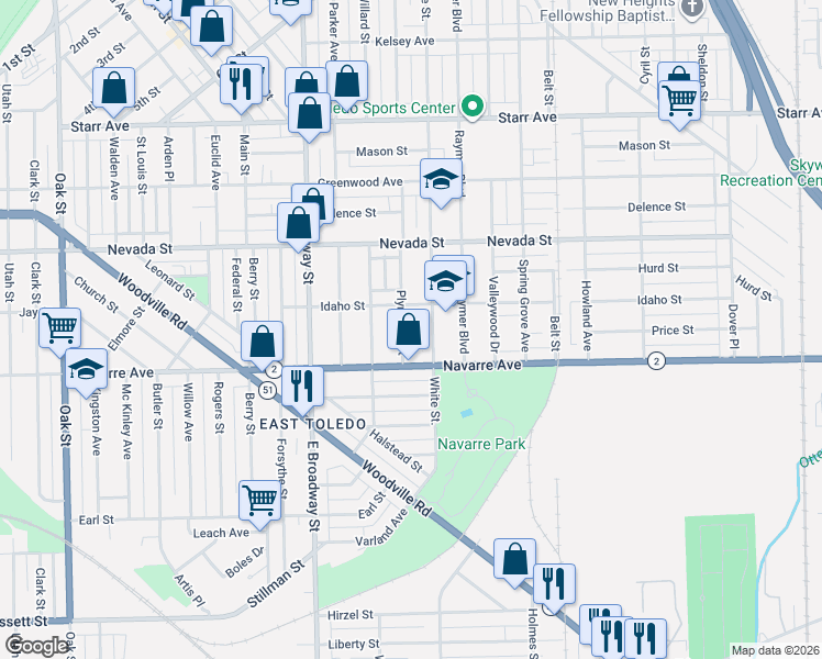 map of restaurants, bars, coffee shops, grocery stores, and more near 734 Plymouth Street in Toledo