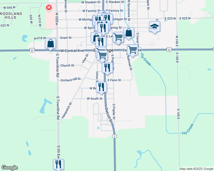 map of restaurants, bars, coffee shops, grocery stores, and more near 710 South Poplar Street in LaGrange