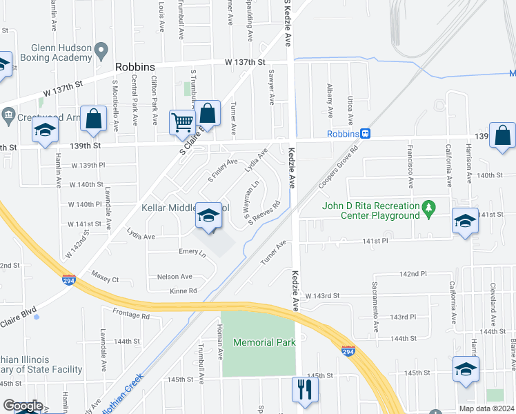 map of restaurants, bars, coffee shops, grocery stores, and more near 13944 South Richardson Avenue in Robbins
