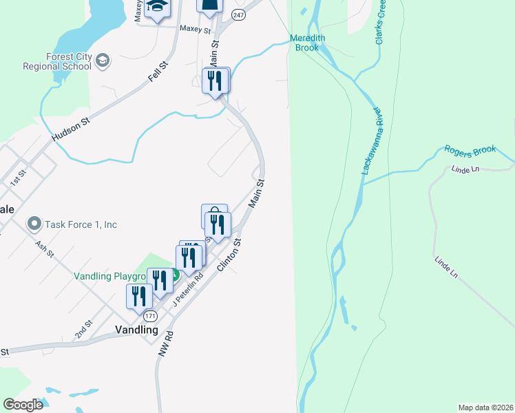 map of restaurants, bars, coffee shops, grocery stores, and more near 694 Main Street in Vandling
