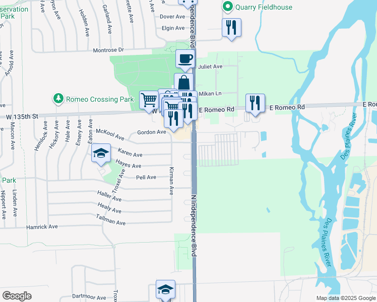 map of restaurants, bars, coffee shops, grocery stores, and more near 10 Sinde Circle in Romeoville