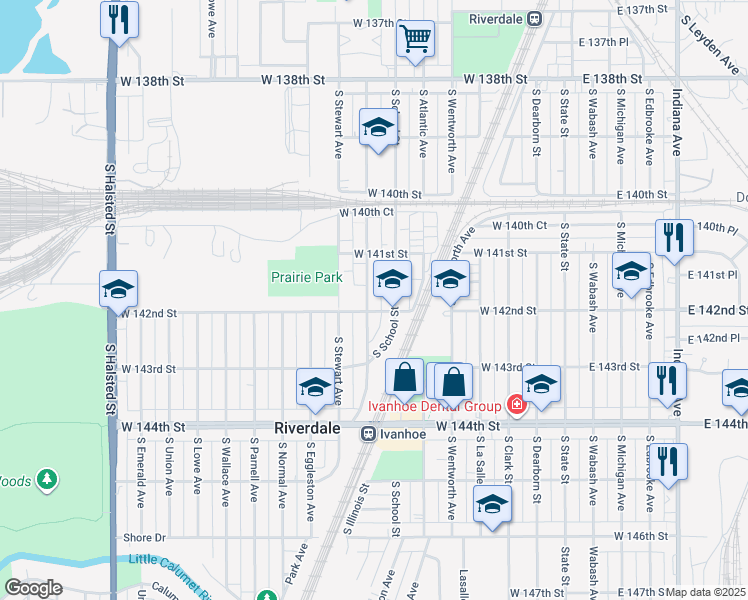 map of restaurants, bars, coffee shops, grocery stores, and more near 14141 South Tracy Avenue in Riverdale