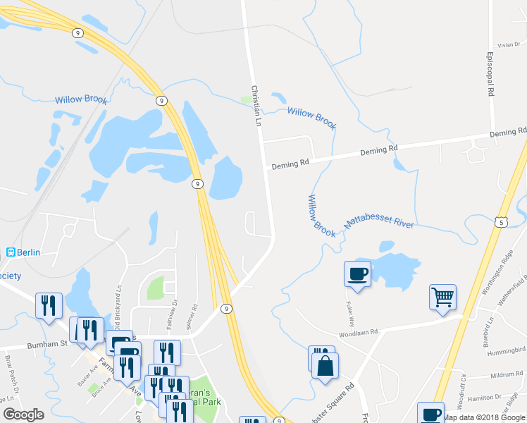 map of restaurants, bars, coffee shops, grocery stores, and more near 261 Christian Lane in Berlin