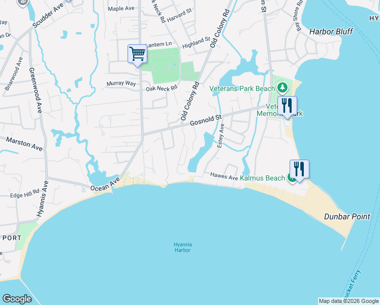 map of restaurants, bars, coffee shops, grocery stores, and more near 84 Breakwater Shores Drive in Barnstable