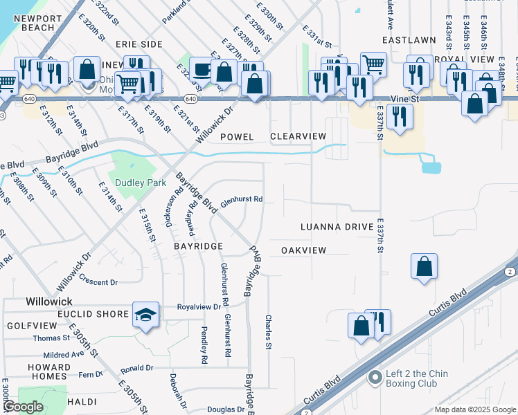 map of restaurants, bars, coffee shops, grocery stores, and more near 32019 Densmore Road in Willowick
