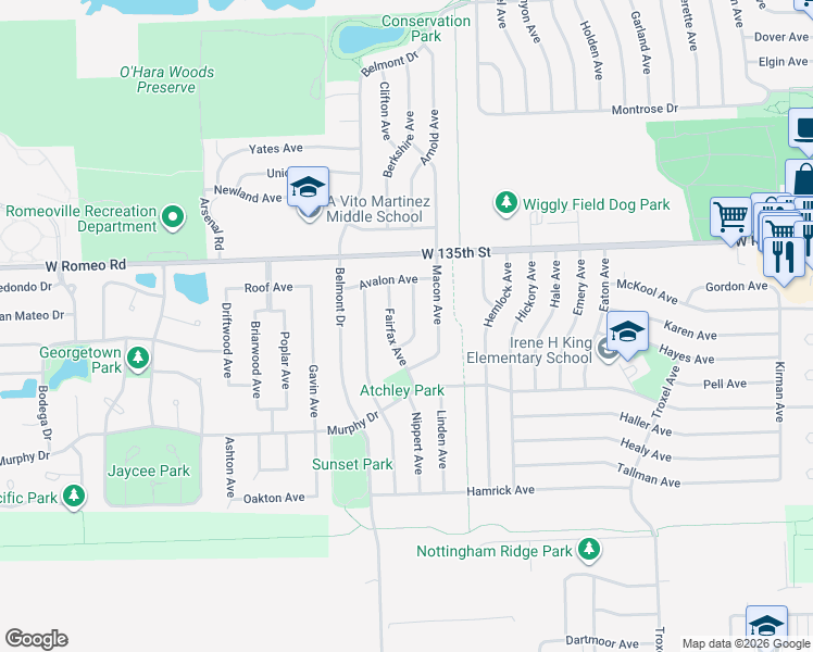 map of restaurants, bars, coffee shops, grocery stores, and more near 305 Kent Avenue in Romeoville