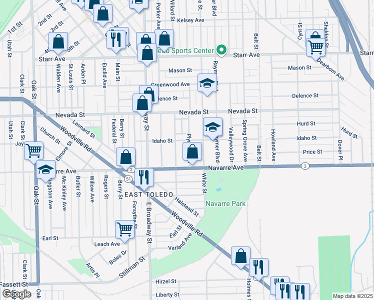 map of restaurants, bars, coffee shops, grocery stores, and more near 720 Plymouth Street in Toledo