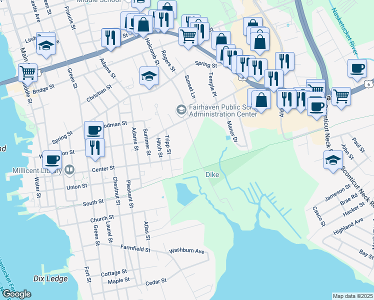 map of restaurants, bars, coffee shops, grocery stores, and more near 24 Egypt Lane in Fairhaven