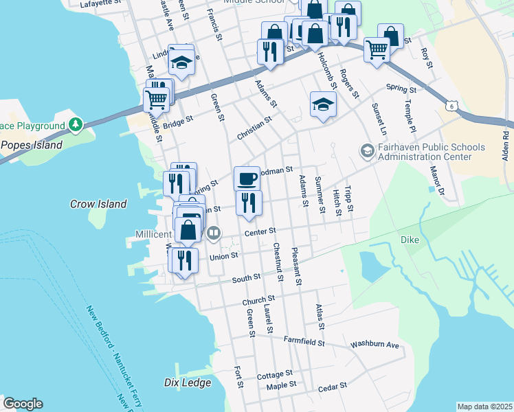 map of restaurants, bars, coffee shops, grocery stores, and more near 117 Laurel Street in Fairhaven