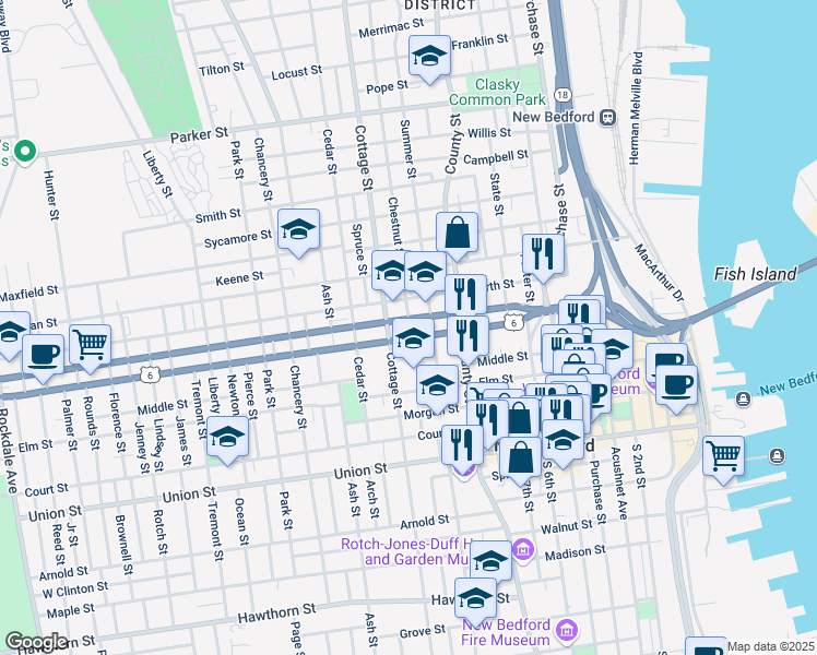 map of restaurants, bars, coffee shops, grocery stores, and more near 276 Cottage Street in New Bedford