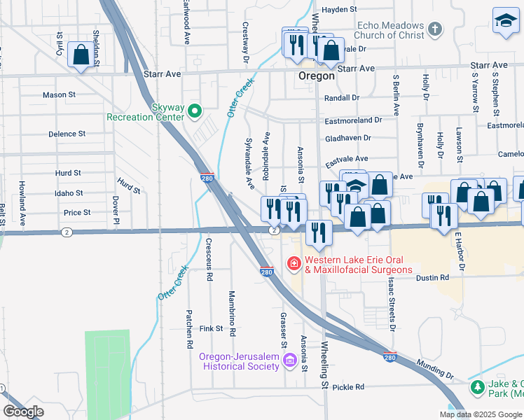map of restaurants, bars, coffee shops, grocery stores, and more near 2461 Navarre Avenue in Oregon