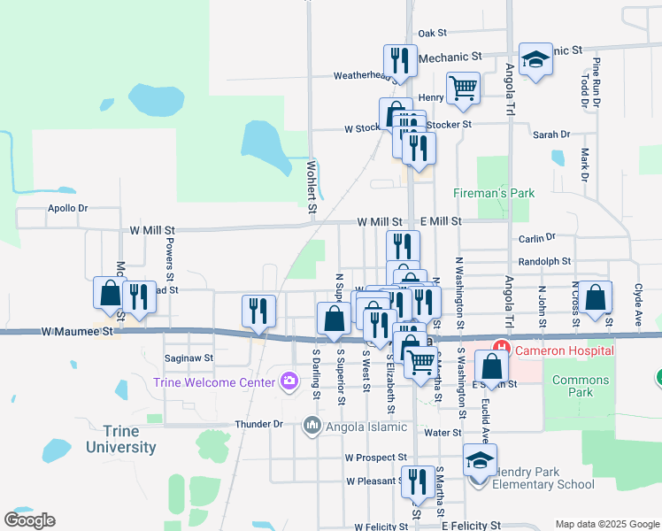 map of restaurants, bars, coffee shops, grocery stores, and more near 311 North Superior Street in Angola