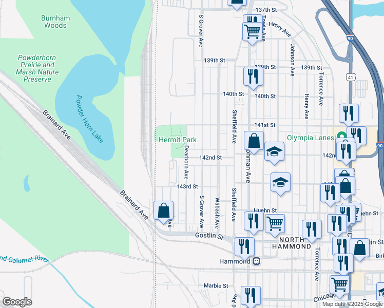 map of restaurants, bars, coffee shops, grocery stores, and more near 4203-4211 Dearborn Avenue in Hammond