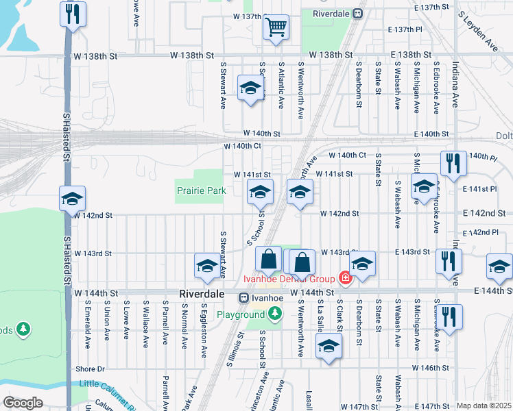map of restaurants, bars, coffee shops, grocery stores, and more near 14138 South School Street in Riverdale