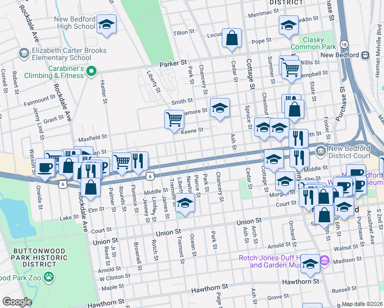 map of restaurants, bars, coffee shops, grocery stores, and more near 270 Mill Street in New Bedford