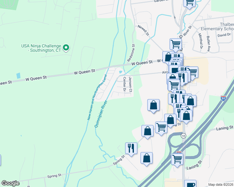 map of restaurants, bars, coffee shops, grocery stores, and more near 14 Meadow Road in Southington
