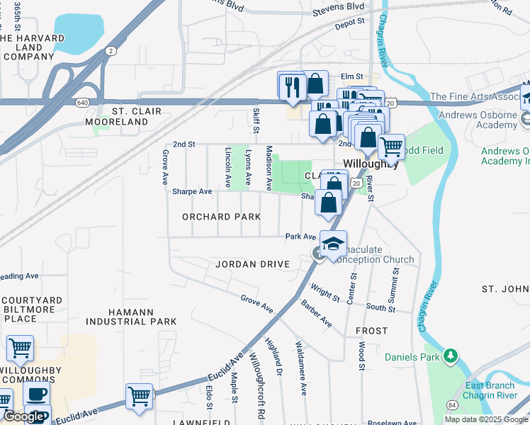 map of restaurants, bars, coffee shops, grocery stores, and more near 4275 Hughes Avenue in Willoughby