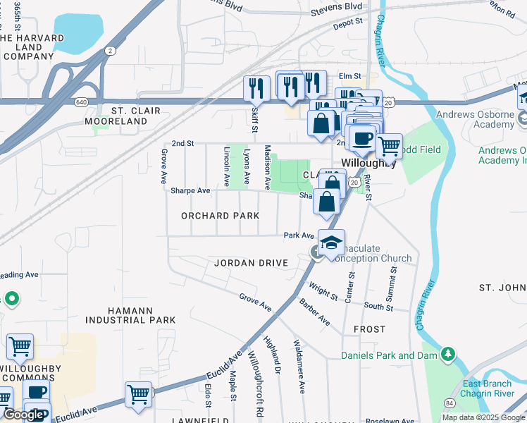 map of restaurants, bars, coffee shops, grocery stores, and more near 4275 Hughes Avenue in Willoughby