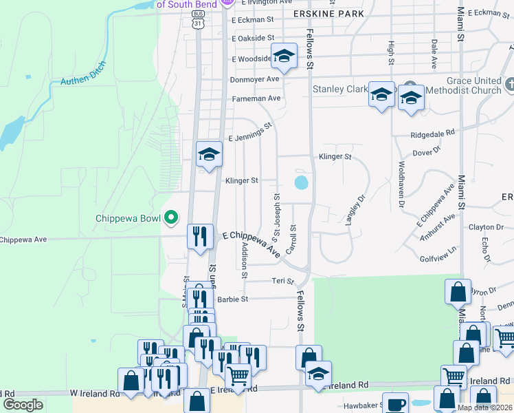 map of restaurants, bars, coffee shops, grocery stores, and more near 3708 Whitcomb Avenue in South Bend