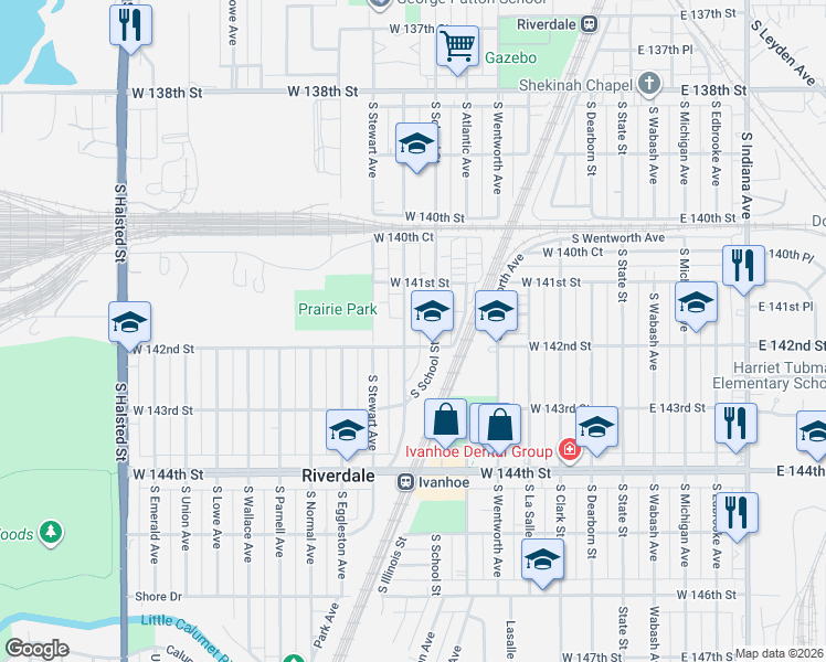 map of restaurants, bars, coffee shops, grocery stores, and more near 14147 West 142nd Street in Riverdale