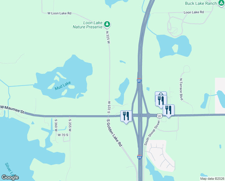 map of restaurants, bars, coffee shops, grocery stores, and more near 330 South 325 West in Angola