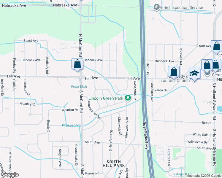 map of restaurants, bars, coffee shops, grocery stores, and more near 112 Derbyshire Road in Toledo