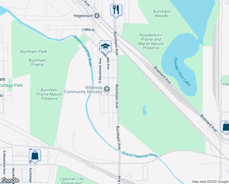 map of restaurants, bars, coffee shops, grocery stores, and more near 14200 Burnham Avenue in Burnham