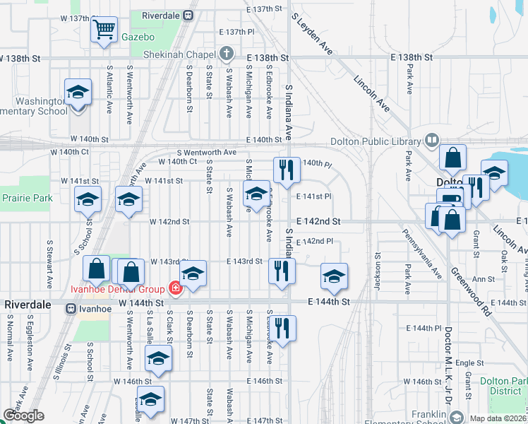 map of restaurants, bars, coffee shops, grocery stores, and more near 14201 South Michigan Avenue in Riverdale
