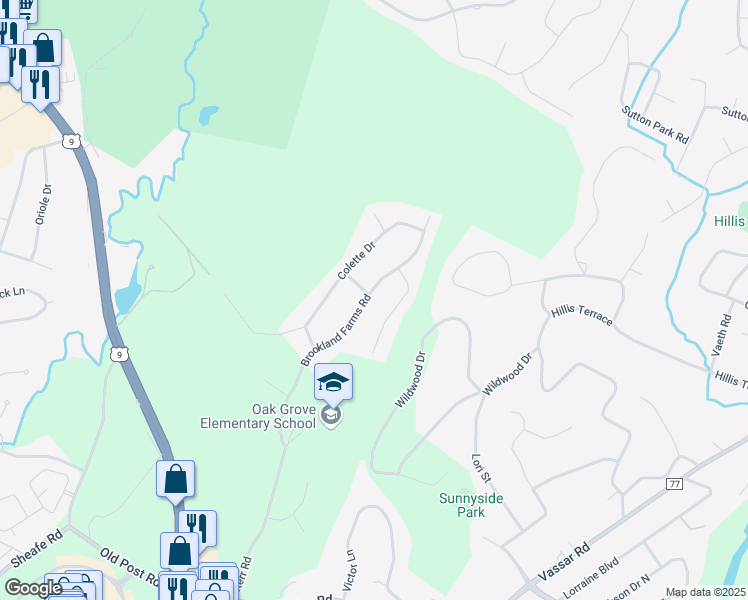 map of restaurants, bars, coffee shops, grocery stores, and more near 30 Brookland Farms Road in Poughkeepsie